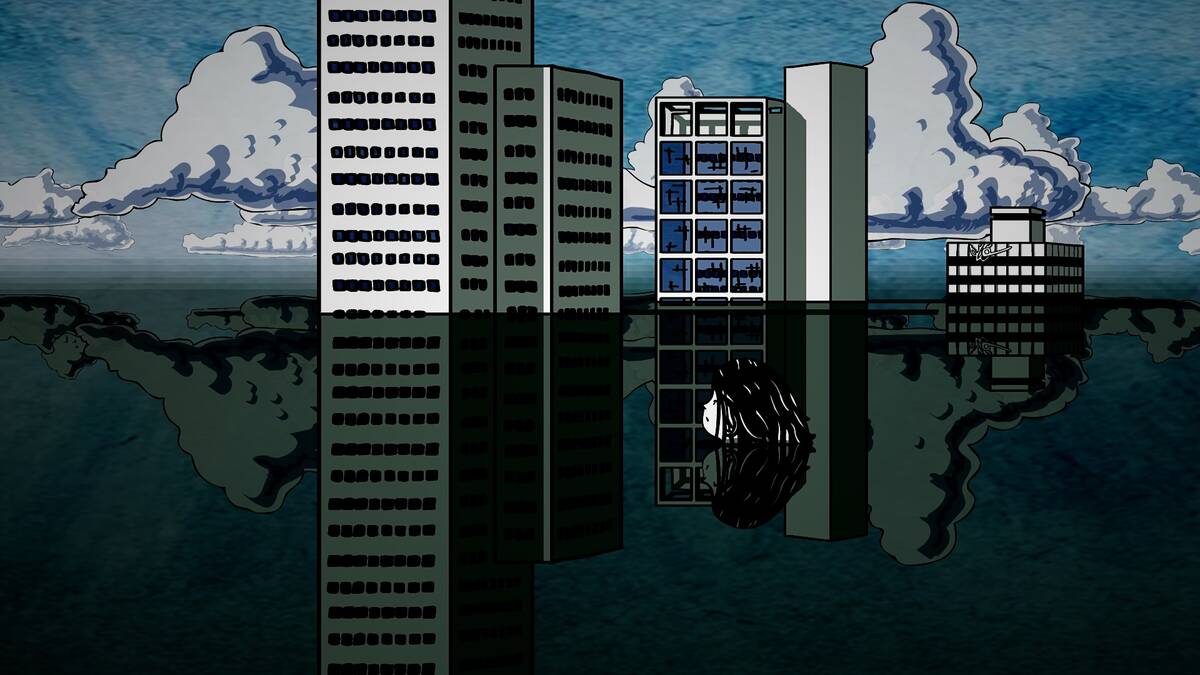 Still uit de animatie: de hoogbouw van Leeuwarden boven de waterspiegel