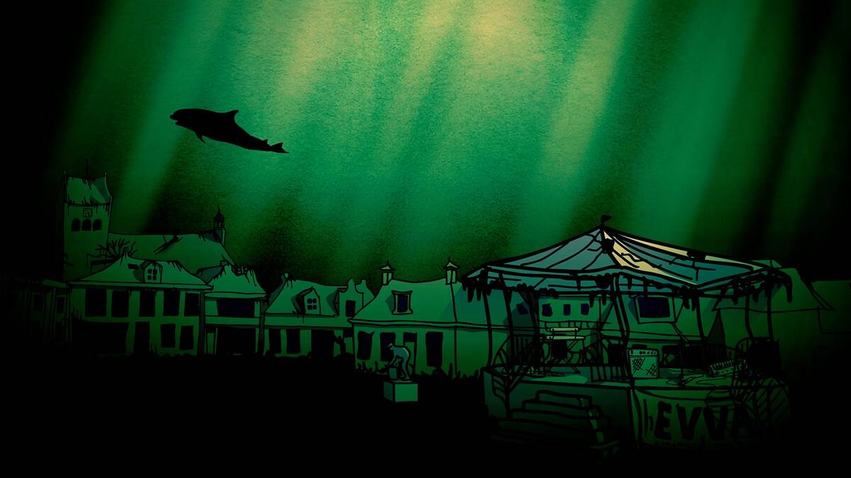 Still uit de animatie: het dorpsplein van Grou onder water