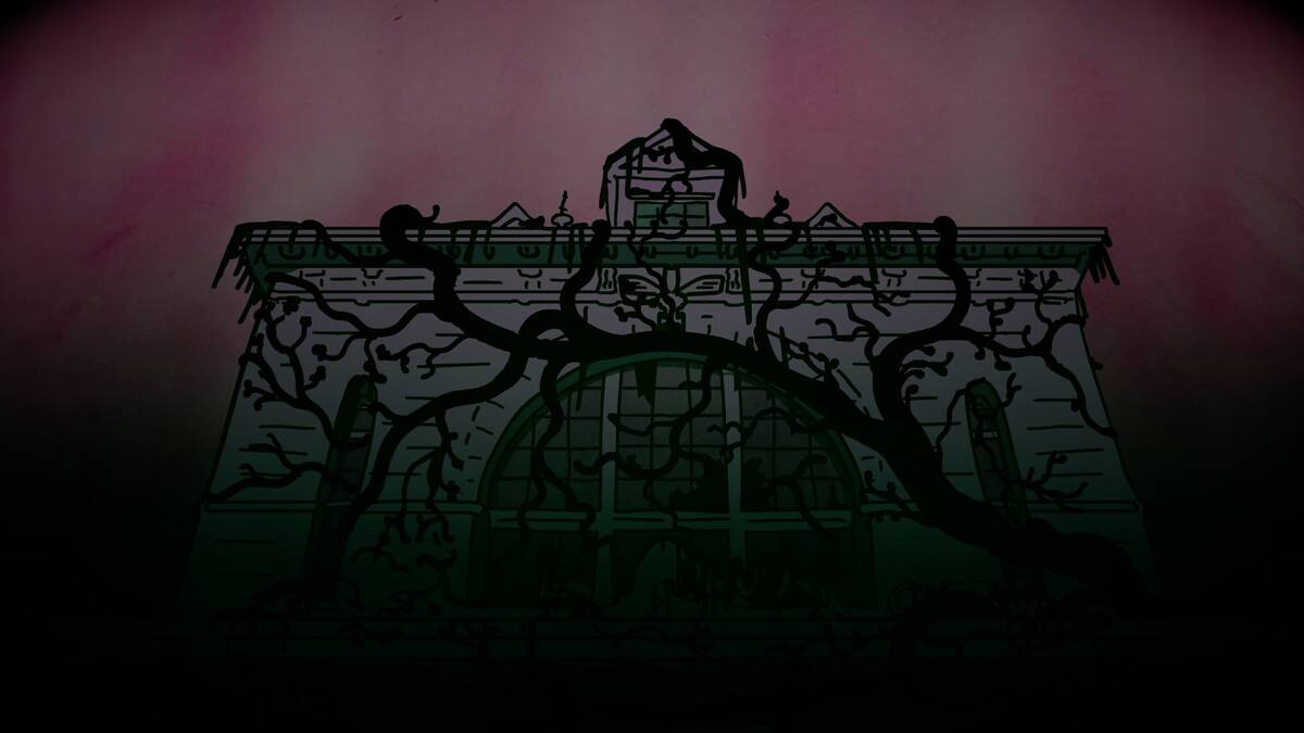 Still uit de animatie: het station van Leeuwarden, overwoekerd door planten