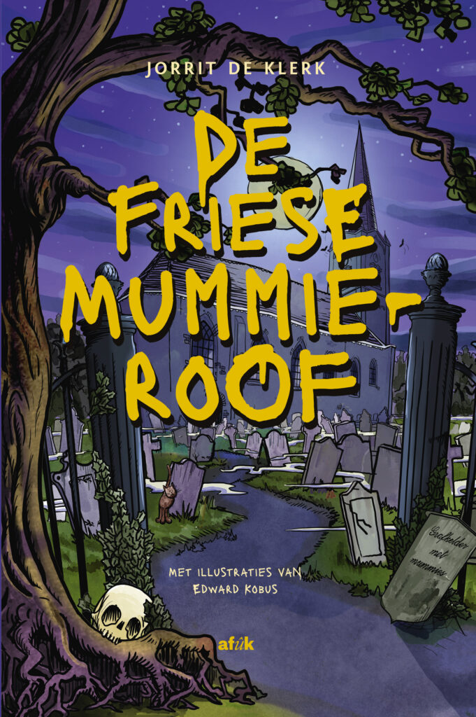 Boekomslag van 'De Friese Mummyroof' met illustratie van een mysterieus tafereel