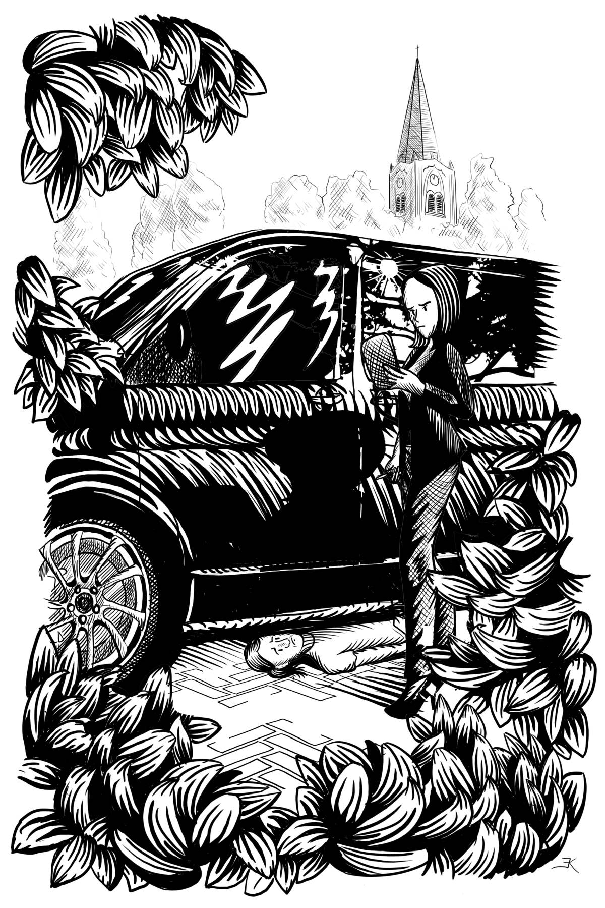 Illustratie uit het boek: een van de hoofdrolspeelsters verstopt zich onder een busje