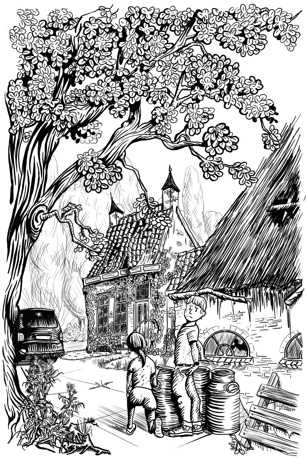 Illustratie van de twee hoofdpersonen bij een typische Friese boerderij