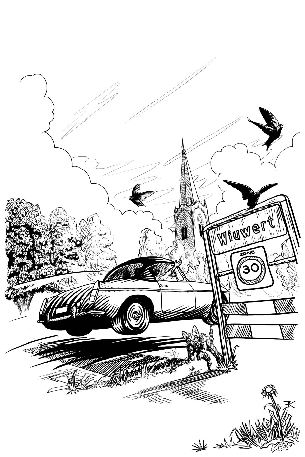Illustratie uit het boek: een van de hoofdrolspeelsters verstopt zich onder een busje