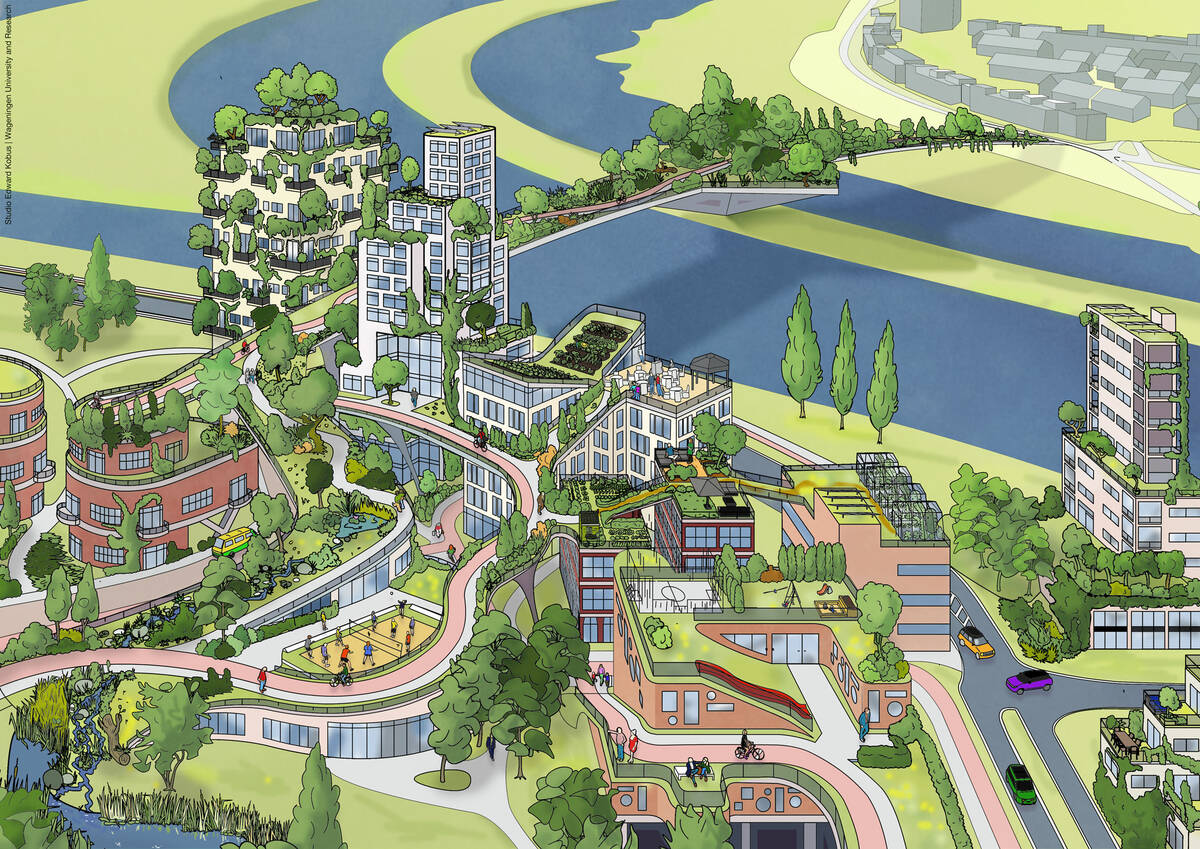 Artist impression van een groene, duurzame wijk in Arnhem met integratie van natuur en stedelijke ruimte