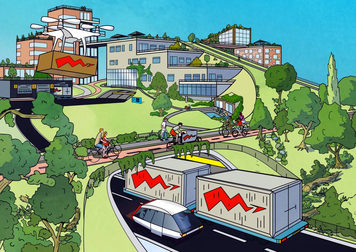 Artist impression van een werklandschap met focus op duurzame mobiliteit