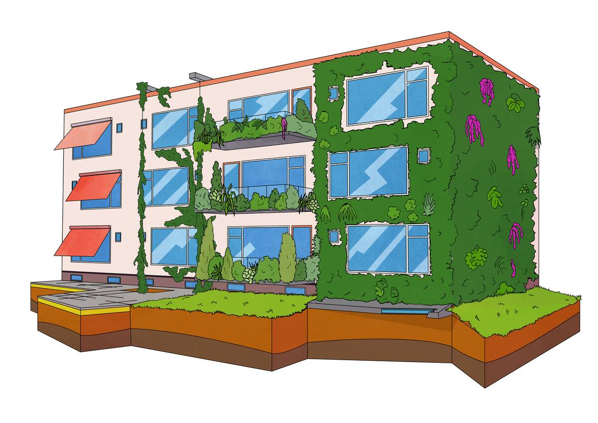 Illustratie van gevels met verschillende gradaties van begroeiing: van kaal naar vol groen