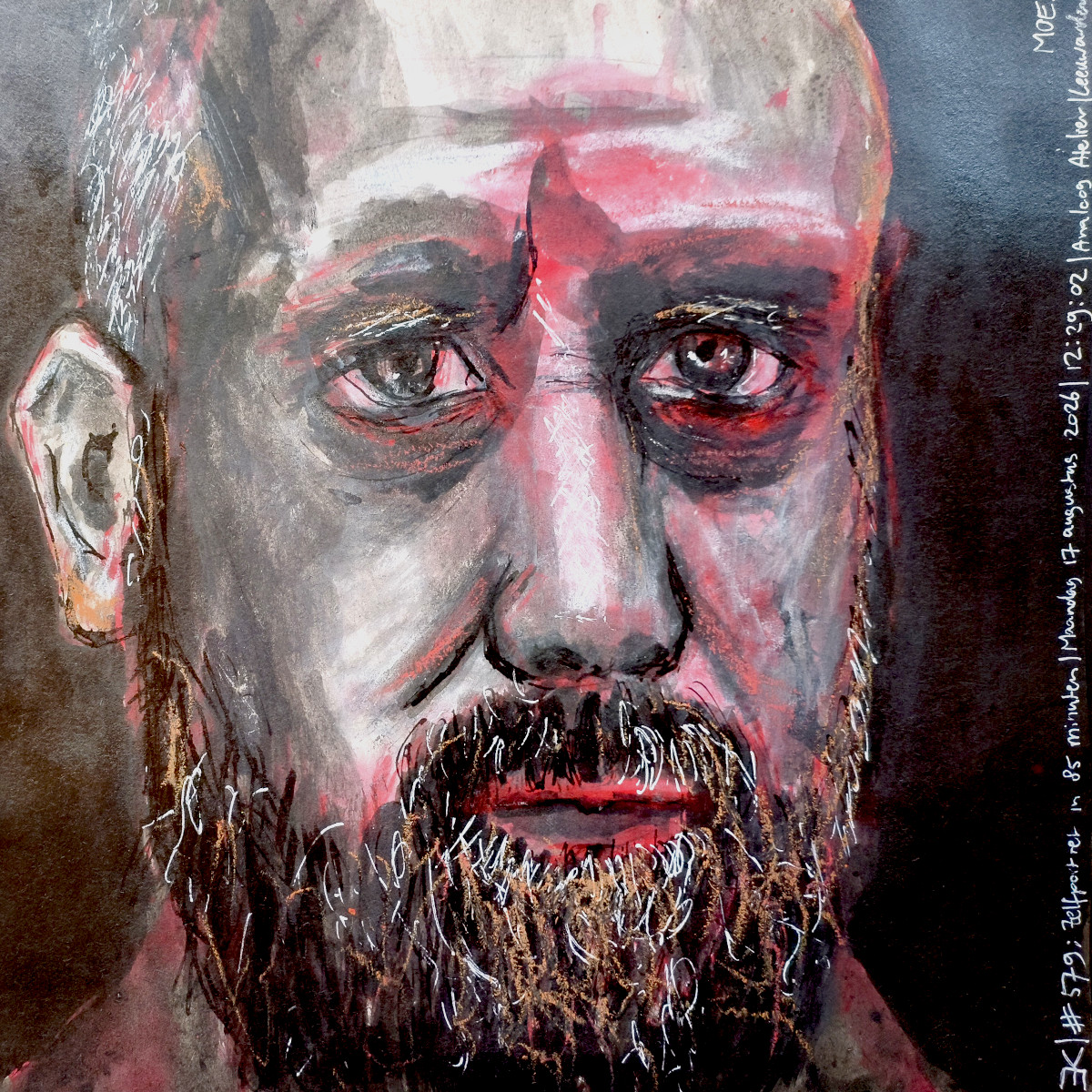 Zelfportret #576 door Edward Kobus, gemaakt met Oost-Indische inkt en rode ecoline op A4-formaat