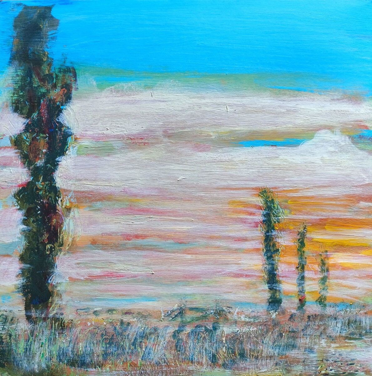 Schilderij 'Winters landschap met populieren' op een pizzadoos door Edward Kobus: een intuitief en expressief winterlandschap