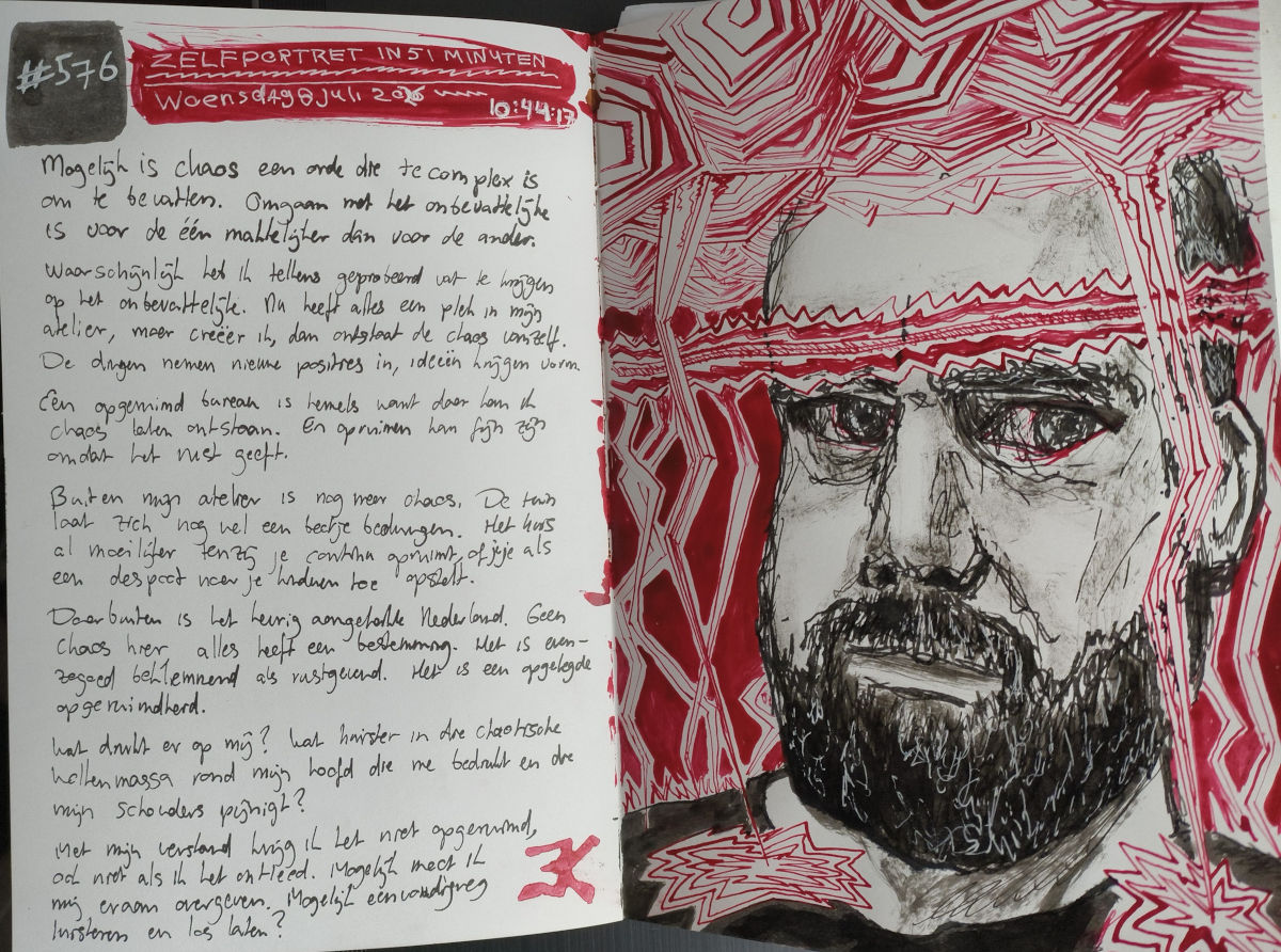Zelfportret #576 door Edward Kobus, gemaakt met Oost-Indische inkt en rode ecoline op A4-formaat